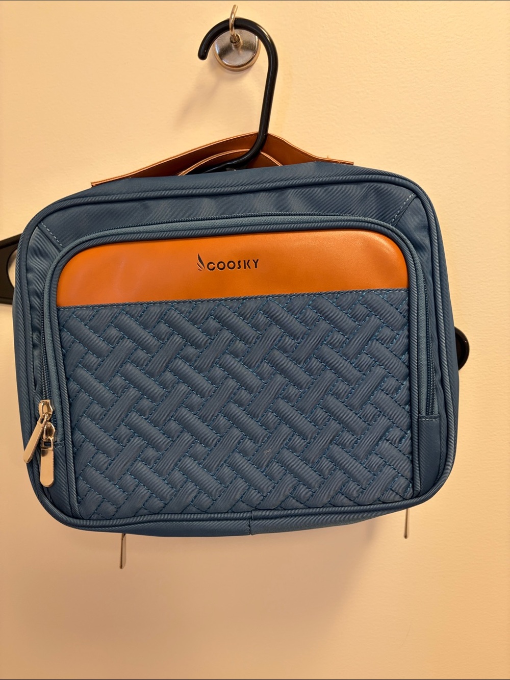 Blue and Tan Quilted Makeup Organizer Case
